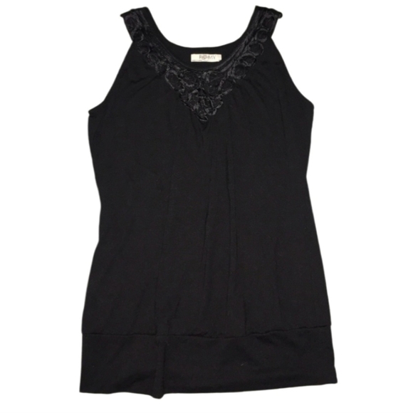 ROMY Black Tank Top Sleeveless V-Neck Statement Flowey Tunic Womens Size Medium - Picture 3 of 10